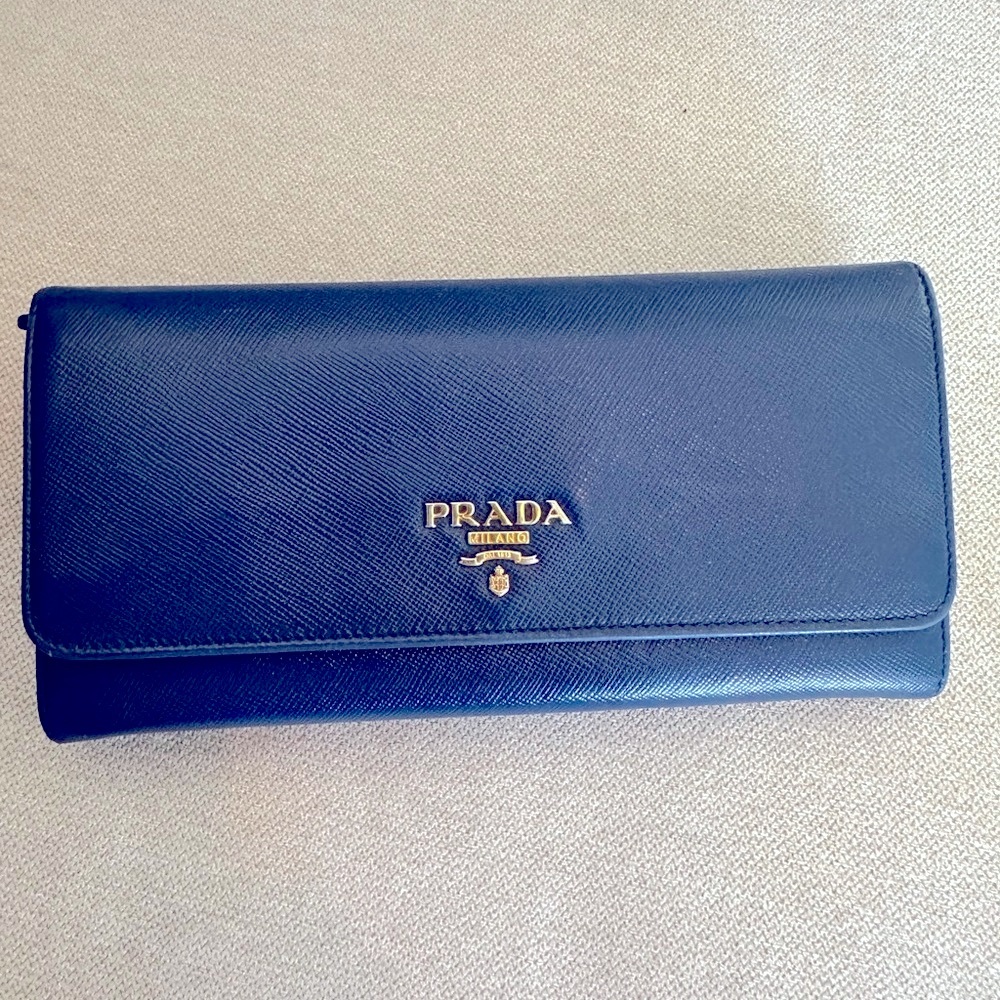 Prada Double Snap Long Leather Wallet in Deep Blue